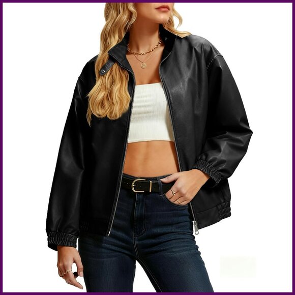 Faux Leather Motorcycle Jacket Oversized Bomber Winter Coat Stand Collar